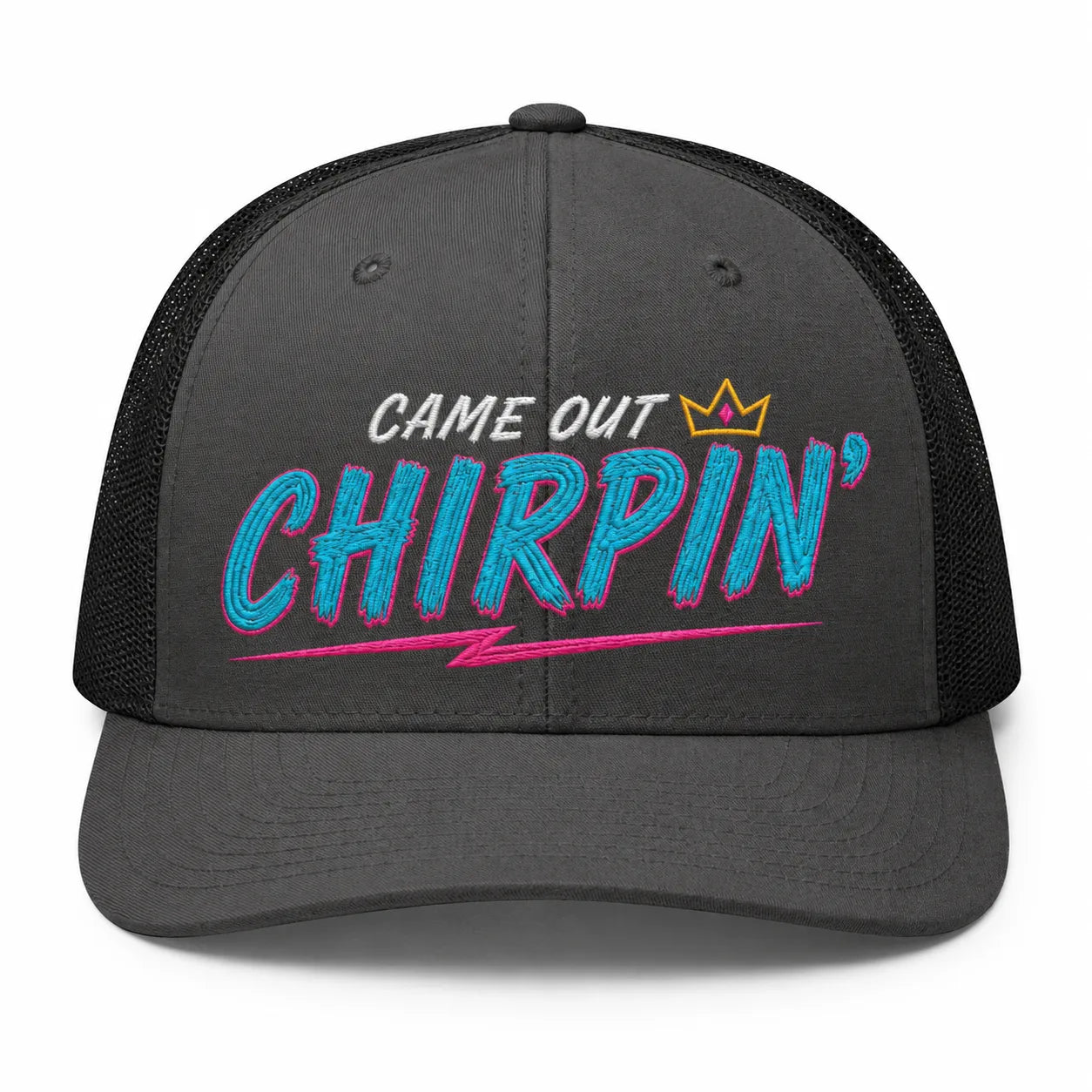 Came Out Chirpin' hockey hat — charcoal/black trucker, front