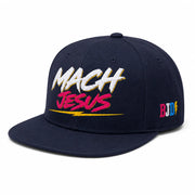 Mach Jesus — Navy snapback, left side (BJD bolt mark)
