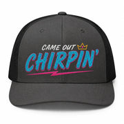 Came Out Chirpin' hockey hat — charcoal/black trucker, front