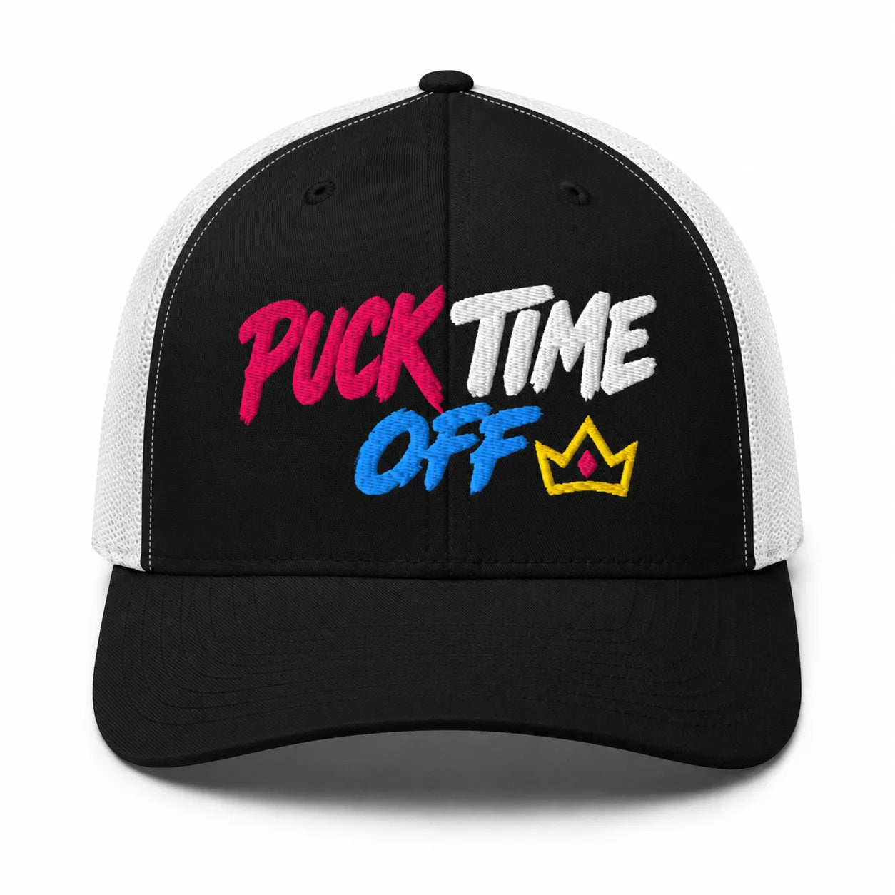 Puck Time Off hockey hat — black/white trucker, front