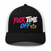 Puck Time Off hockey hat — black/white trucker, front
