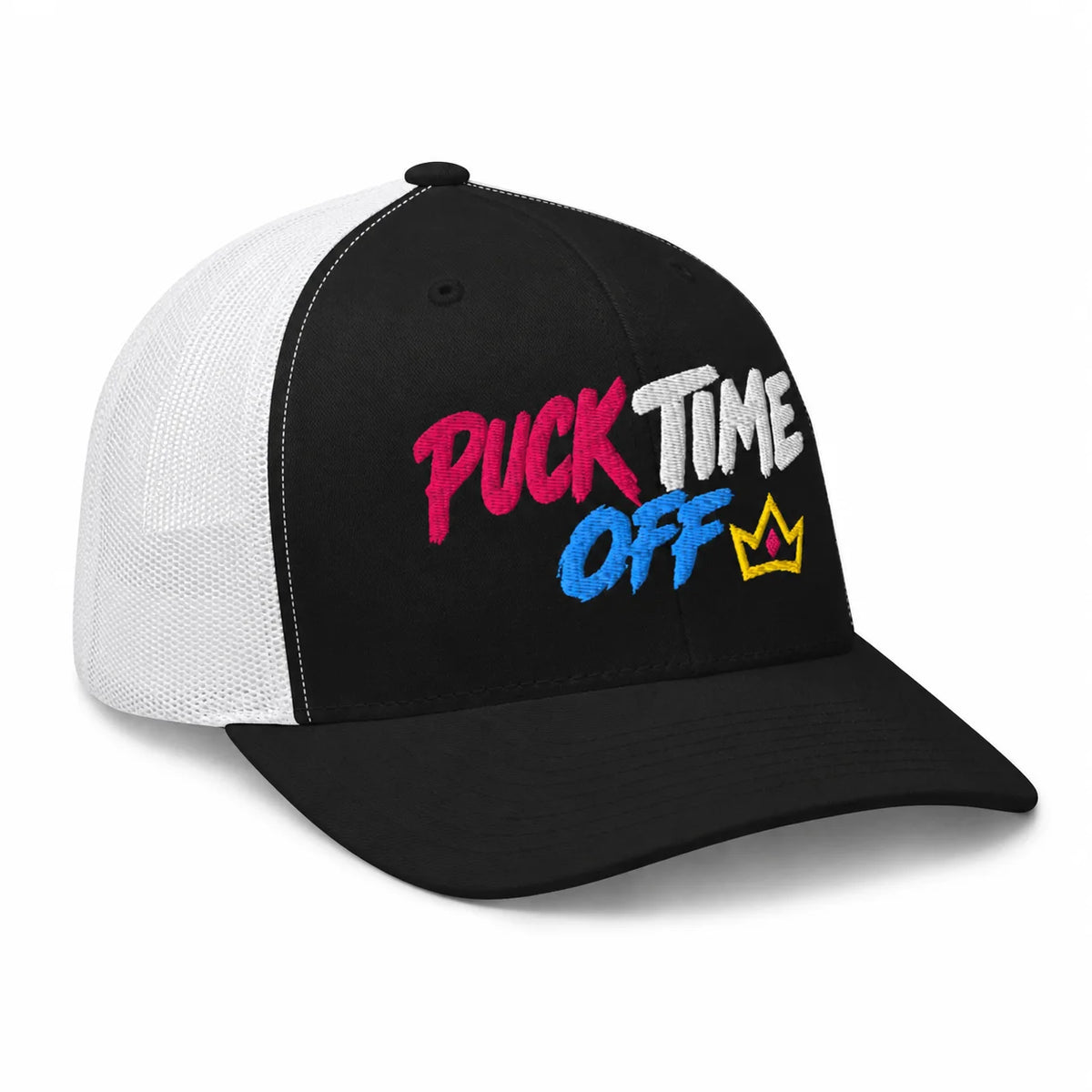 Puck Time Off — Black/White trucker, left side