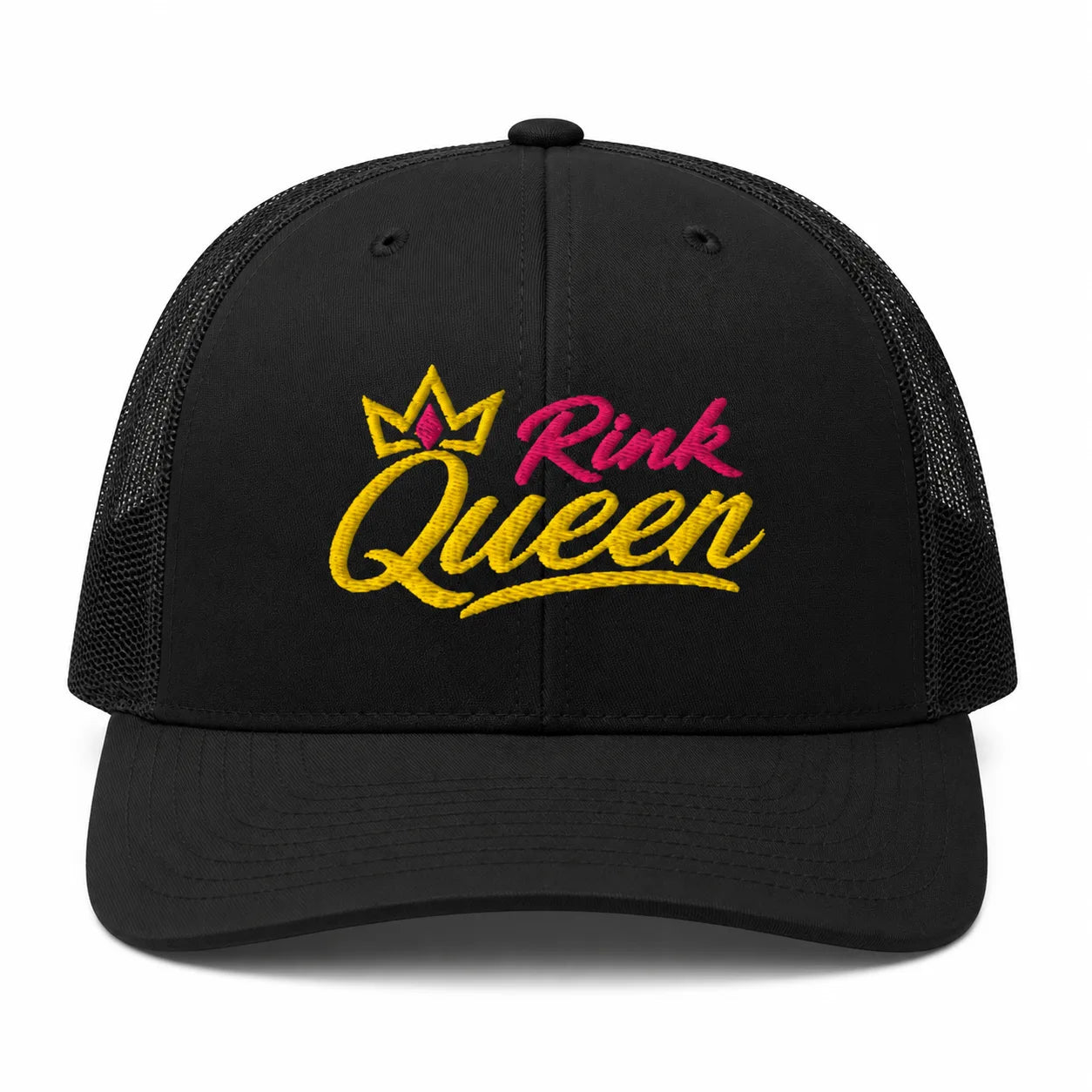 Rink Queen hockey hat — black trucker, front