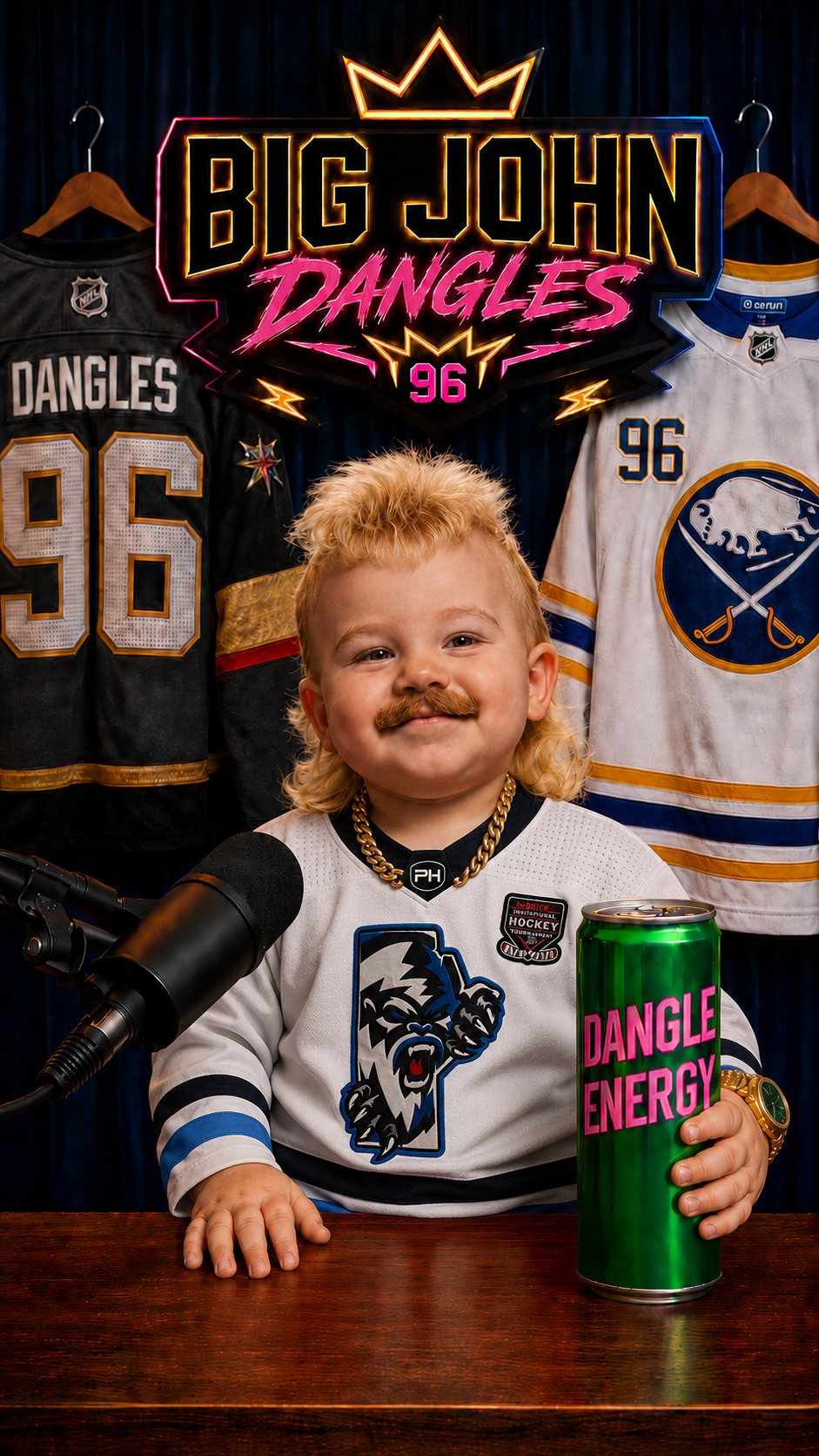 Big John Dangles character in custom hockey jersey holding a Dangle Energy can at a podcast mic, with Vegas Golden Knights and Buffalo Sabres jerseys hanging behind — The Mic Drop custom BJD hockey shoutout video